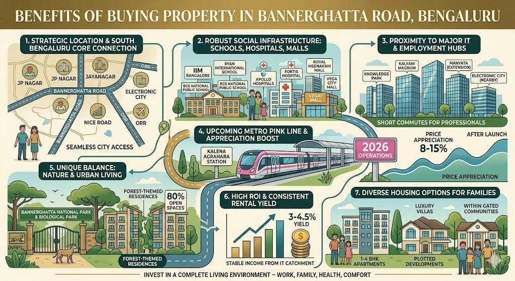 Infographic or photo detailing the key advantages of buying property on Bannerghatta Road, Bangalore, highlighting connectivity, infrastructure, and amenities.